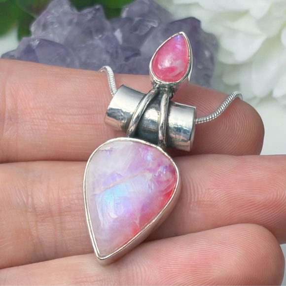 Blue Flash Pink Moonstone Pendant Boho Vintage Style Sterling Silver 925 - Picture 3 of 9